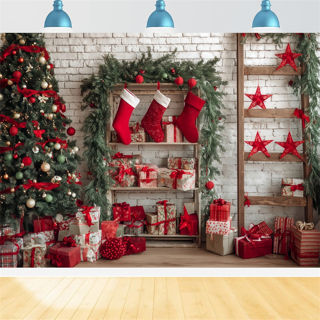 Christmas Wall Backdrop Cozy Stocking Gift Corner Christmas Backdrops TWW510-57