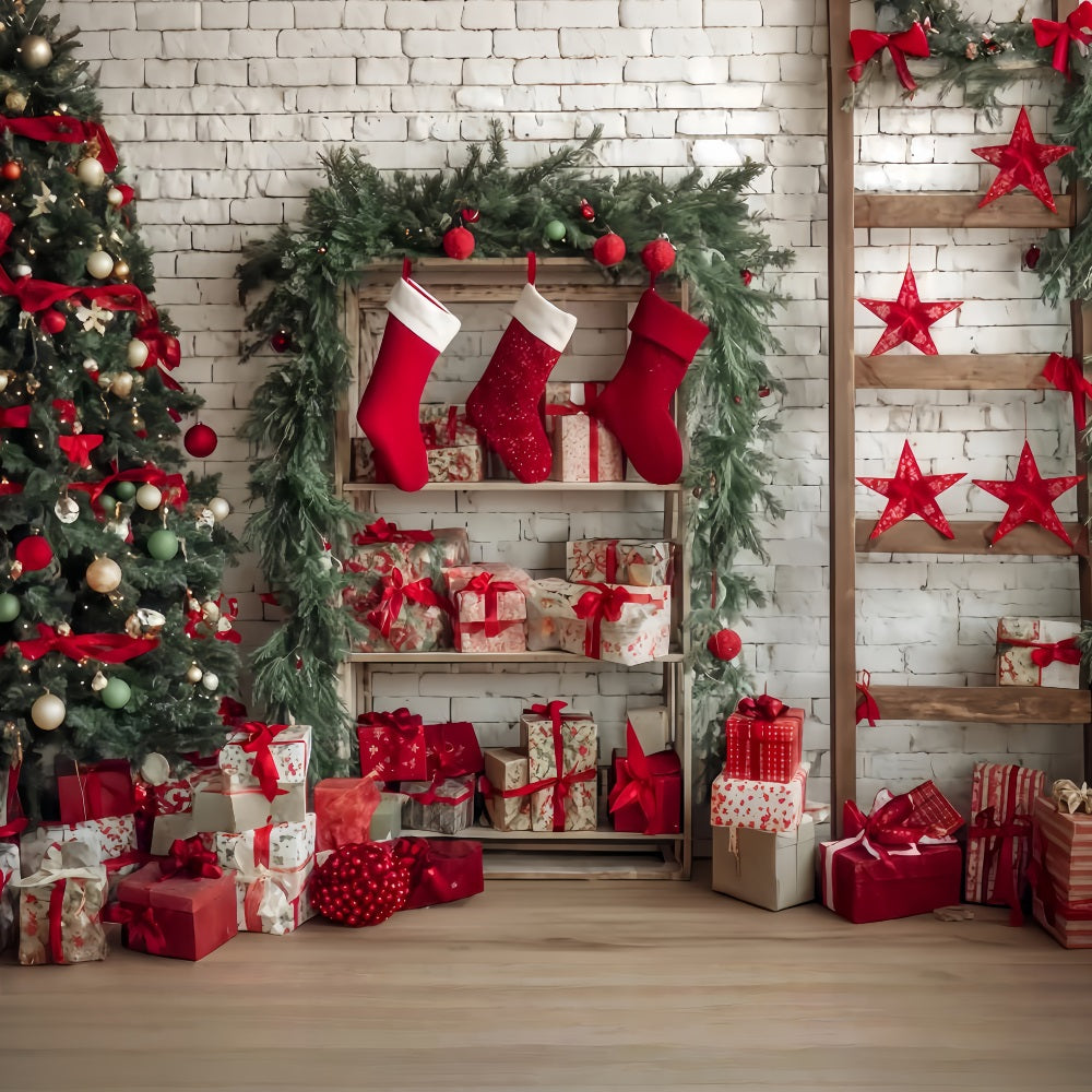 Christmas Wall Backdrop Cozy Stocking Gift Corner Christmas Backdrops TWW510-57