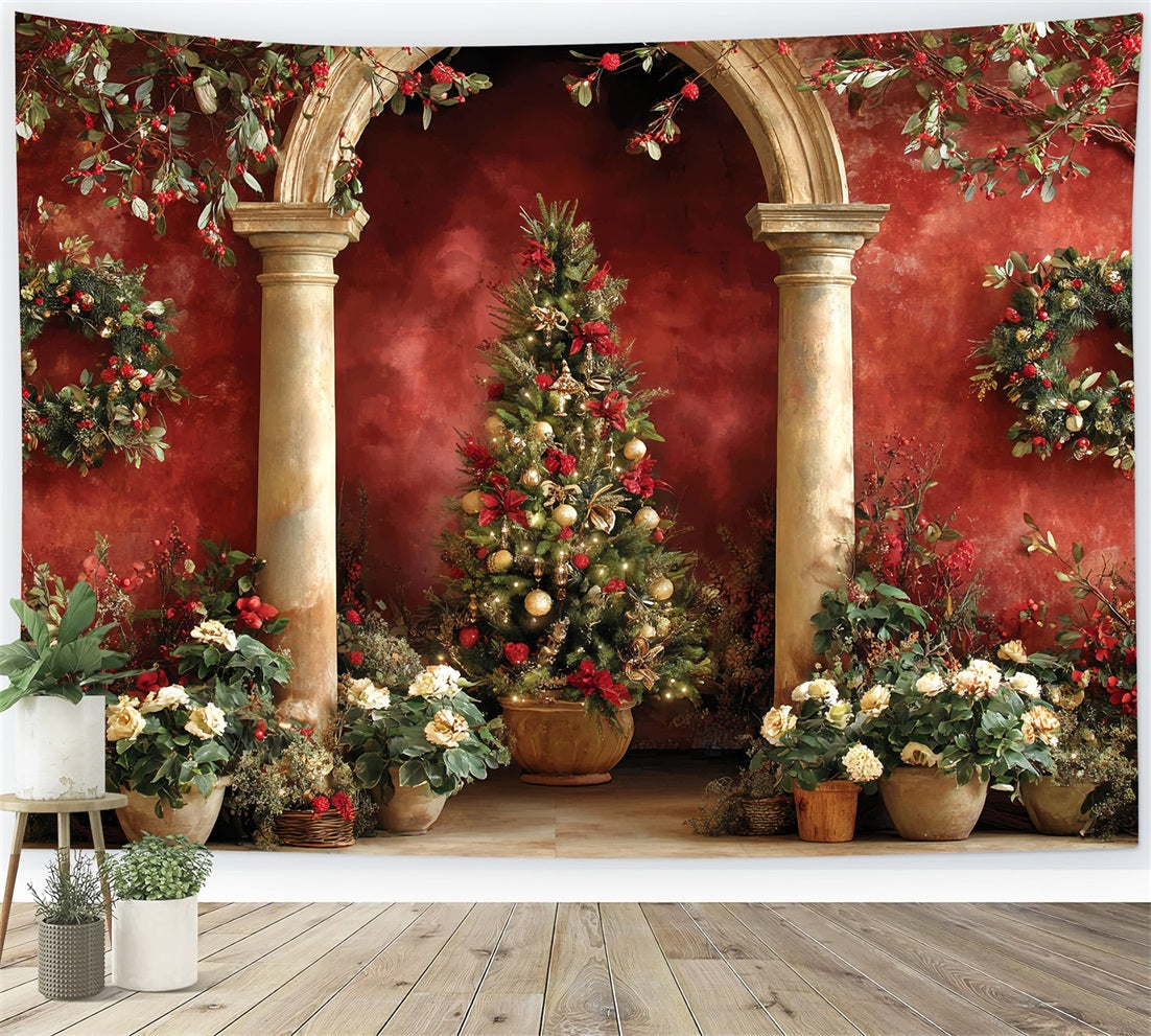 Christmas Tree Backdrop Red Arch Garden Elegance Christmas Photo Backdrops TWW510-59
