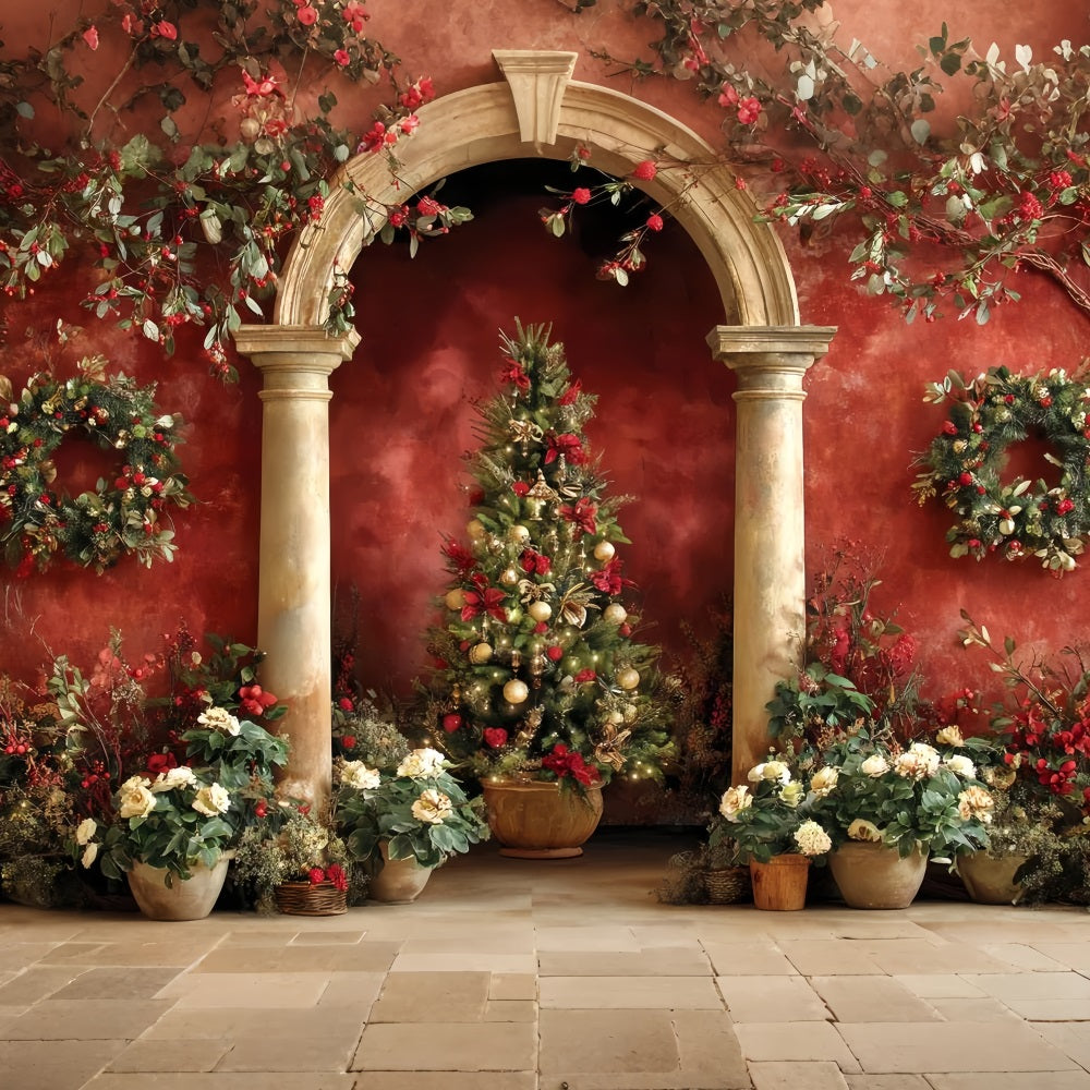Christmas Tree Backdrop Red Arch Garden Elegance Christmas Photo Backdrops TWW510-59