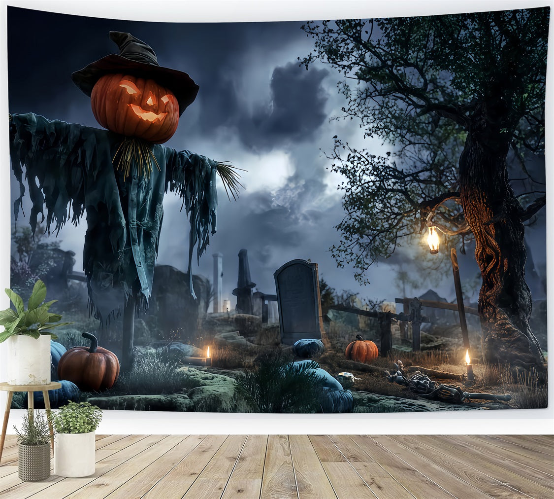 Graveyard Backdrop Pumpkin Scarecrow Spooky Field Halloween Backdrops For Photos TWW510-6