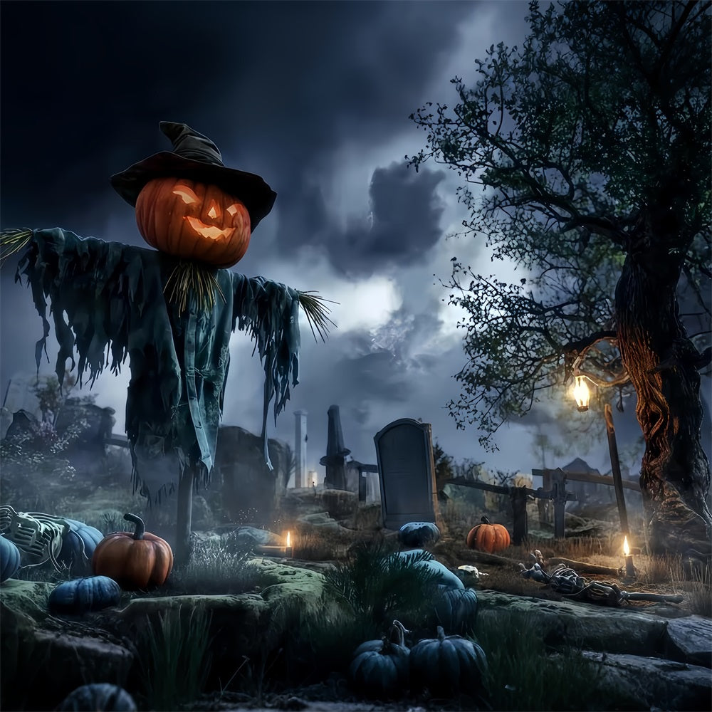 Graveyard Backdrop Pumpkin Scarecrow Spooky Field Halloween Backdrops For Photos TWW510-6