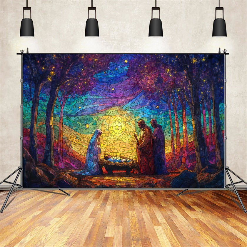 Nativity Backdrop Stained Glass Nativity Glow Christmas Backdrops Sale TWW510-60
