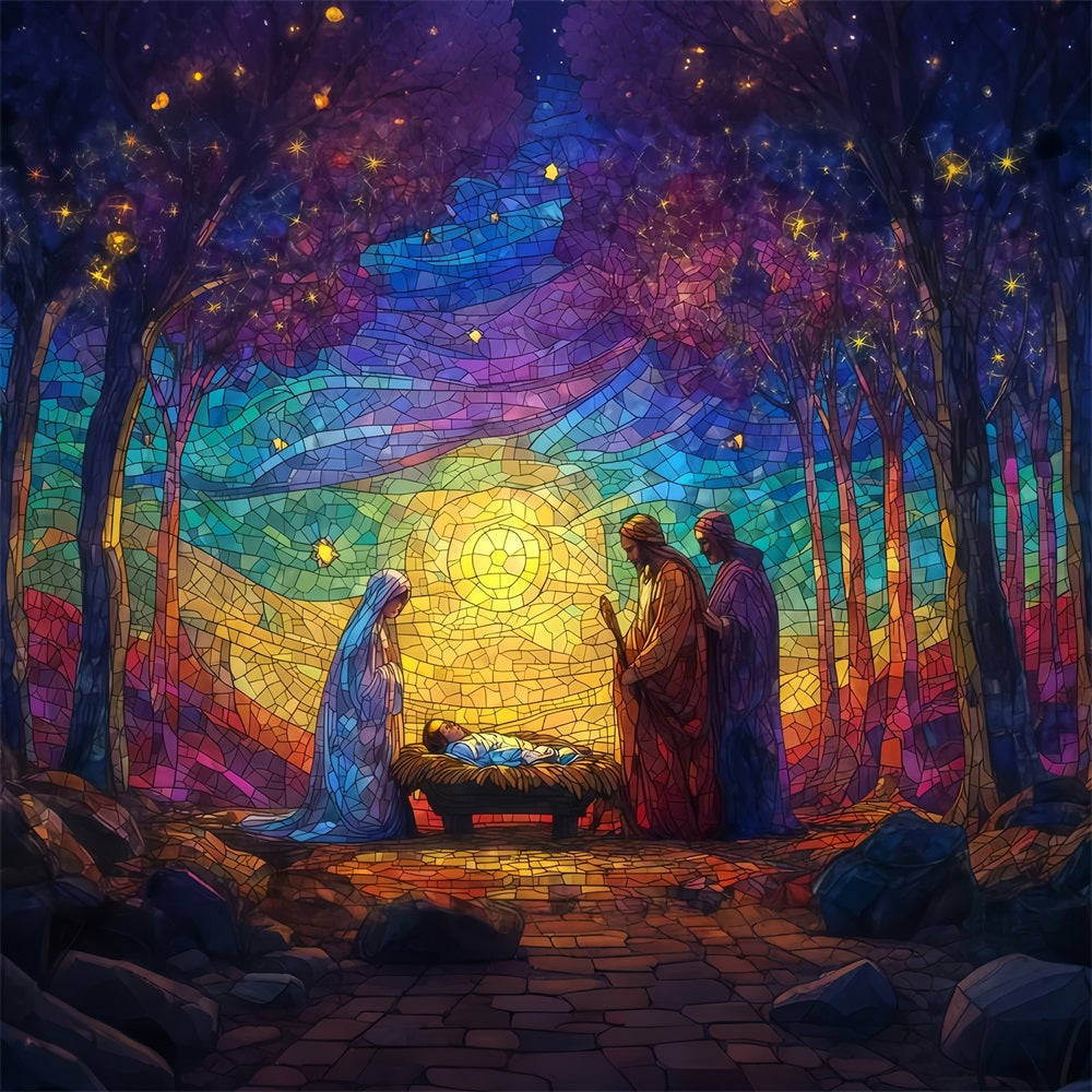 Nativity Backdrop Stained Glass Nativity Glow Christmas Backdrops Sale TWW510-60