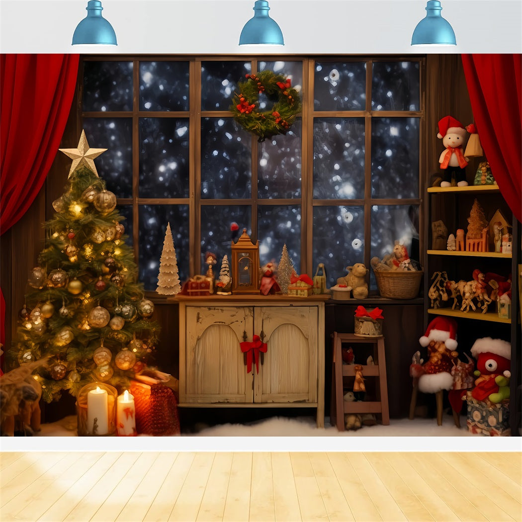Santa Workshop Backdrop Cozy Window Toy Corner Christmas Backdrop Ideas TWW510-61