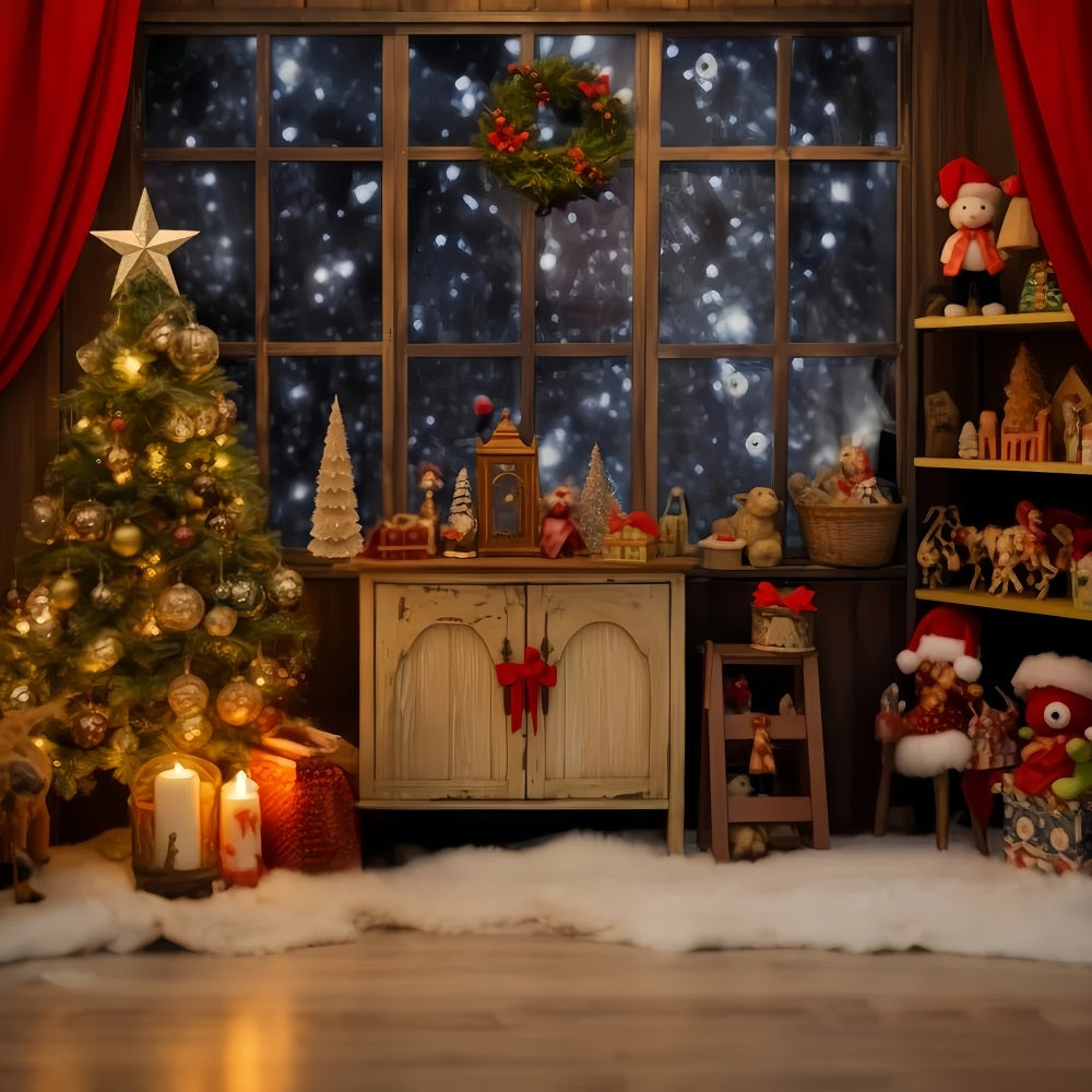 Santa Workshop Backdrop Cozy Window Toy Corner Christmas Backdrop Ideas TWW510-61