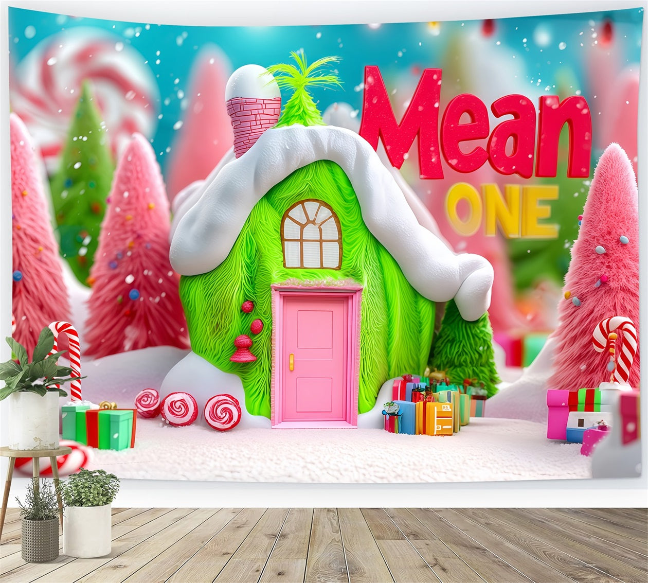 Grinch Photo Backdrop Whoville Green Candy Cottage Christmas Backdrops TWW510-63