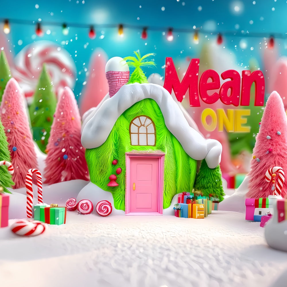 Grinch Photo Backdrop Whoville Green Candy Cottage Christmas Backdrops TWW510-63