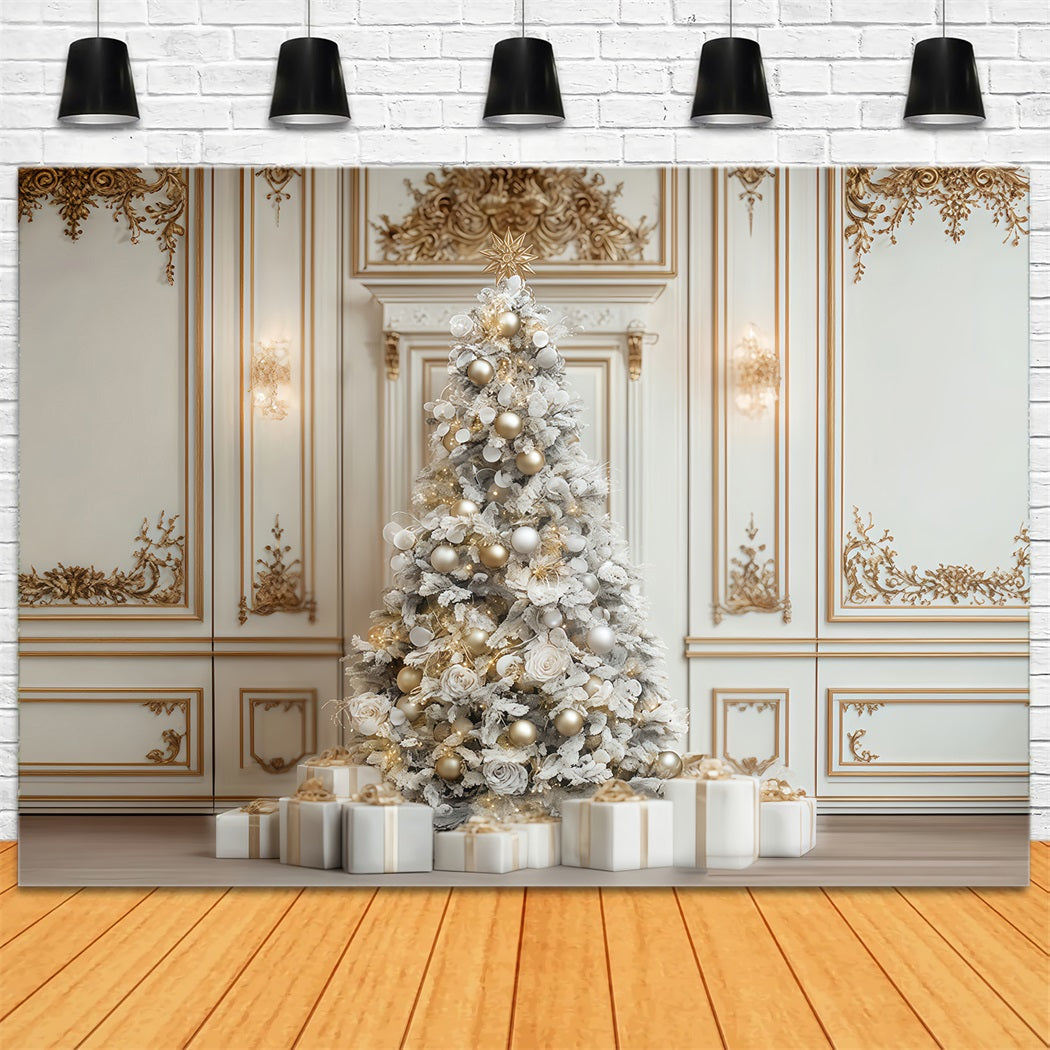 Christmas Wall Backdrop White Gold Elegant Tree Christmas Photo Backdrop TWW510-66