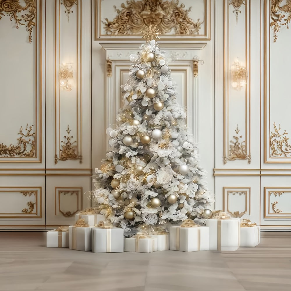 Christmas Wall Backdrop White Gold Elegant Tree Christmas Photo Backdrop TWW510-66