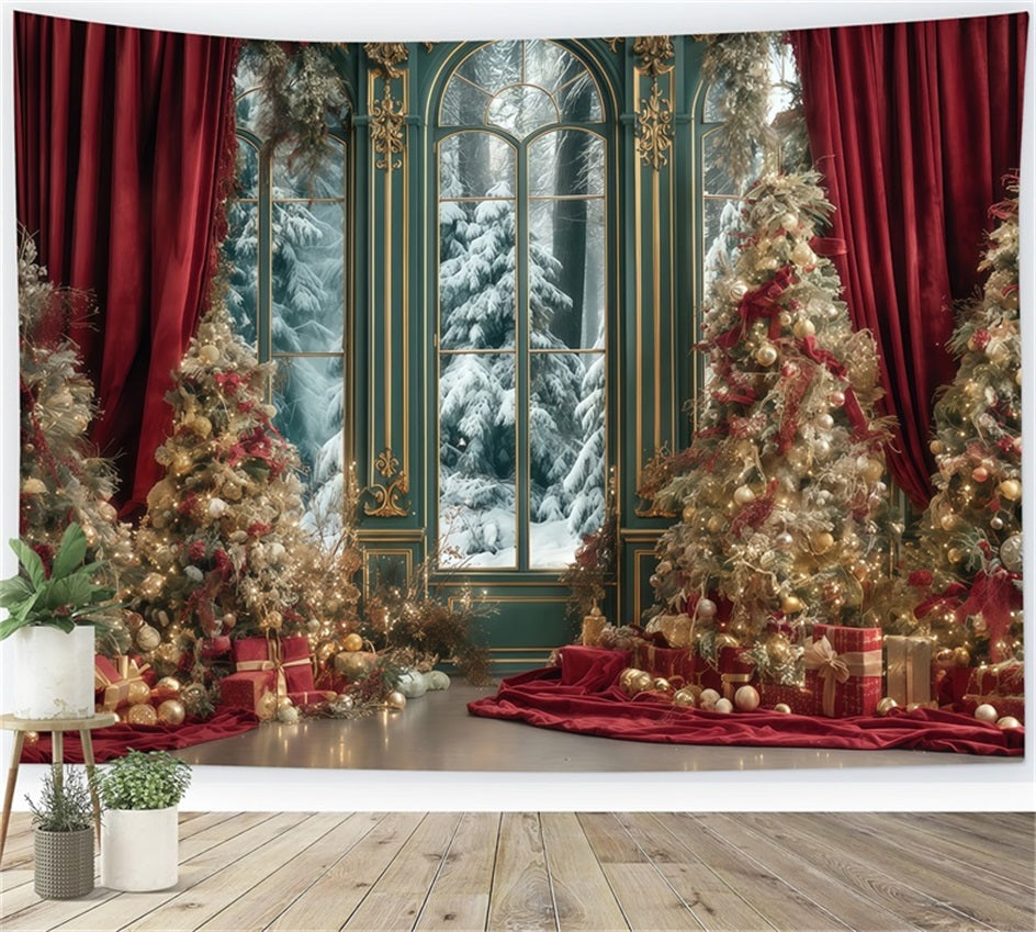 Christmas Tree Backdrop Red Curtain Winter Palace Christmas Photo Backdrops TWW510-67