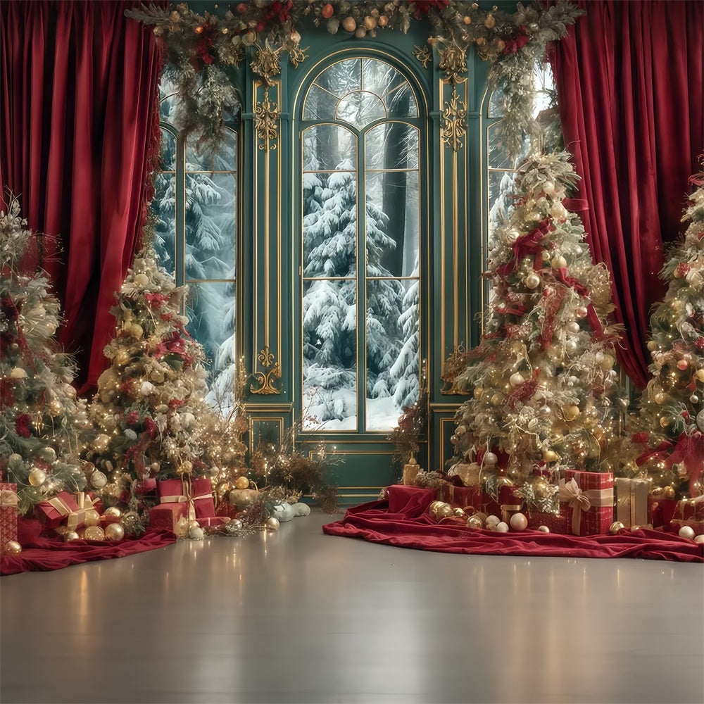 Christmas Tree Backdrop Red Curtain Winter Palace Christmas Photo Backdrops TWW510-67