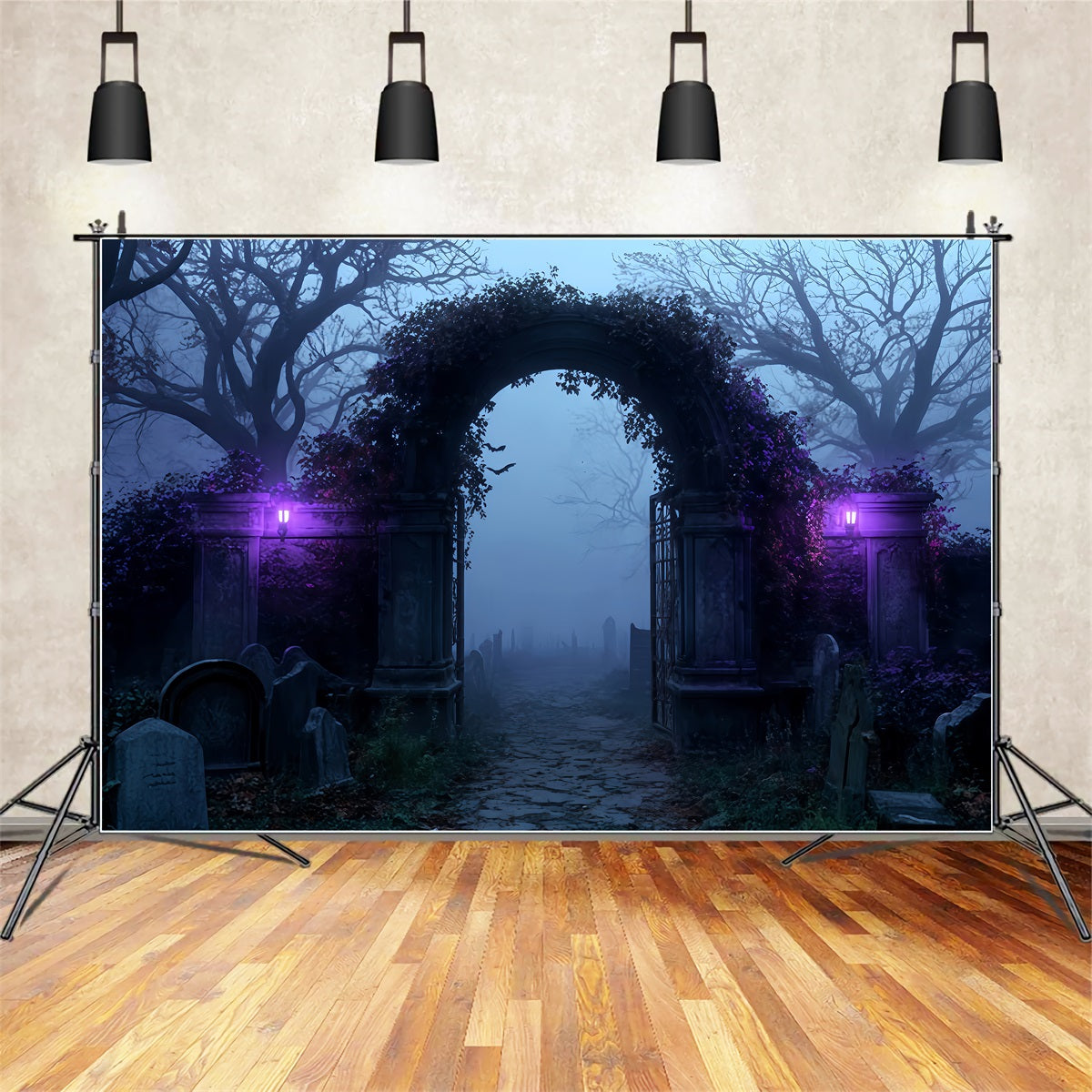 Halloween Backdrop Foggy Cemetery Archway Entrance Halloween Photo Backdrops TWW510-7