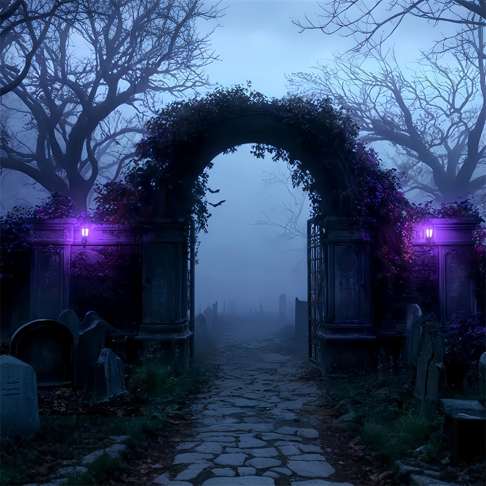 Halloween Backdrop Foggy Cemetery Archway Entrance Halloween Photo Backdrops TWW510-7