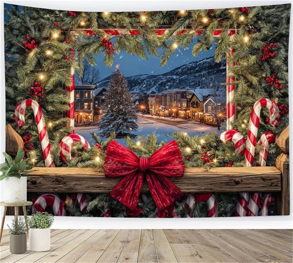 Christmas Bow Backdrop Cozy Town Holiday Window Christmas Photo Backdrops TWW510-75