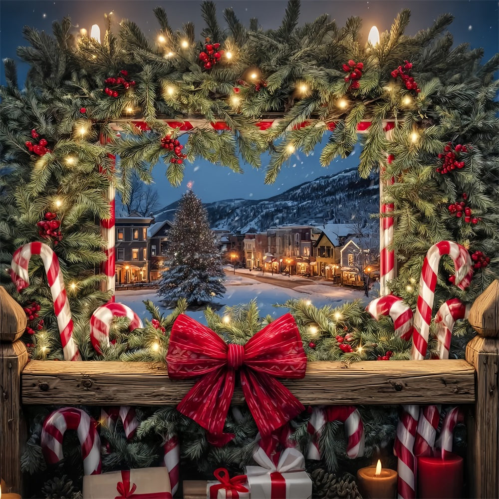 Christmas Bow Backdrop Cozy Town Holiday Window Christmas Photo Backdrops TWW510-75