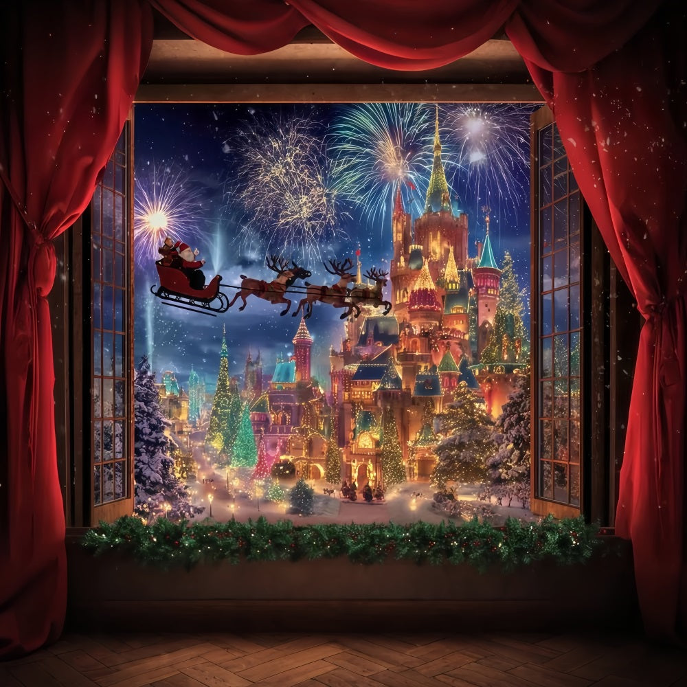 Santa Photo Backdrop Santa Sleigh Fireworks Castle Christmas Backdrop TWW510-78