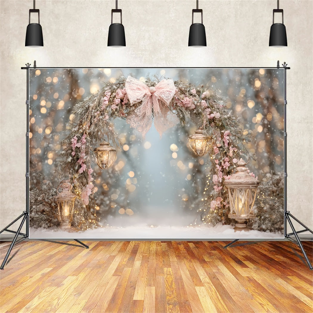 Pink Bow Backdrop Pink Lantern Snow Arch Christmas Backdrop TWW510-80