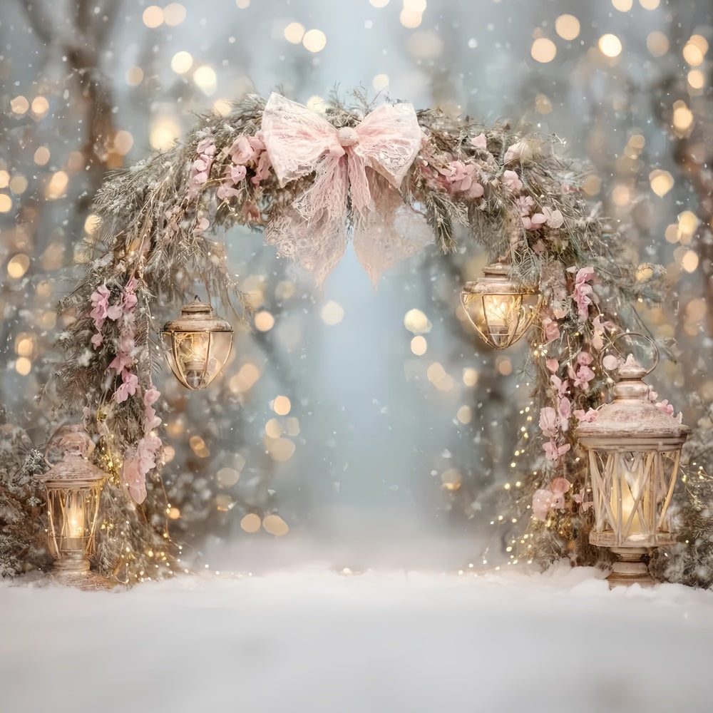 Pink Bow Backdrop Pink Lantern Snow Arch Christmas Backdrop TWW510-80