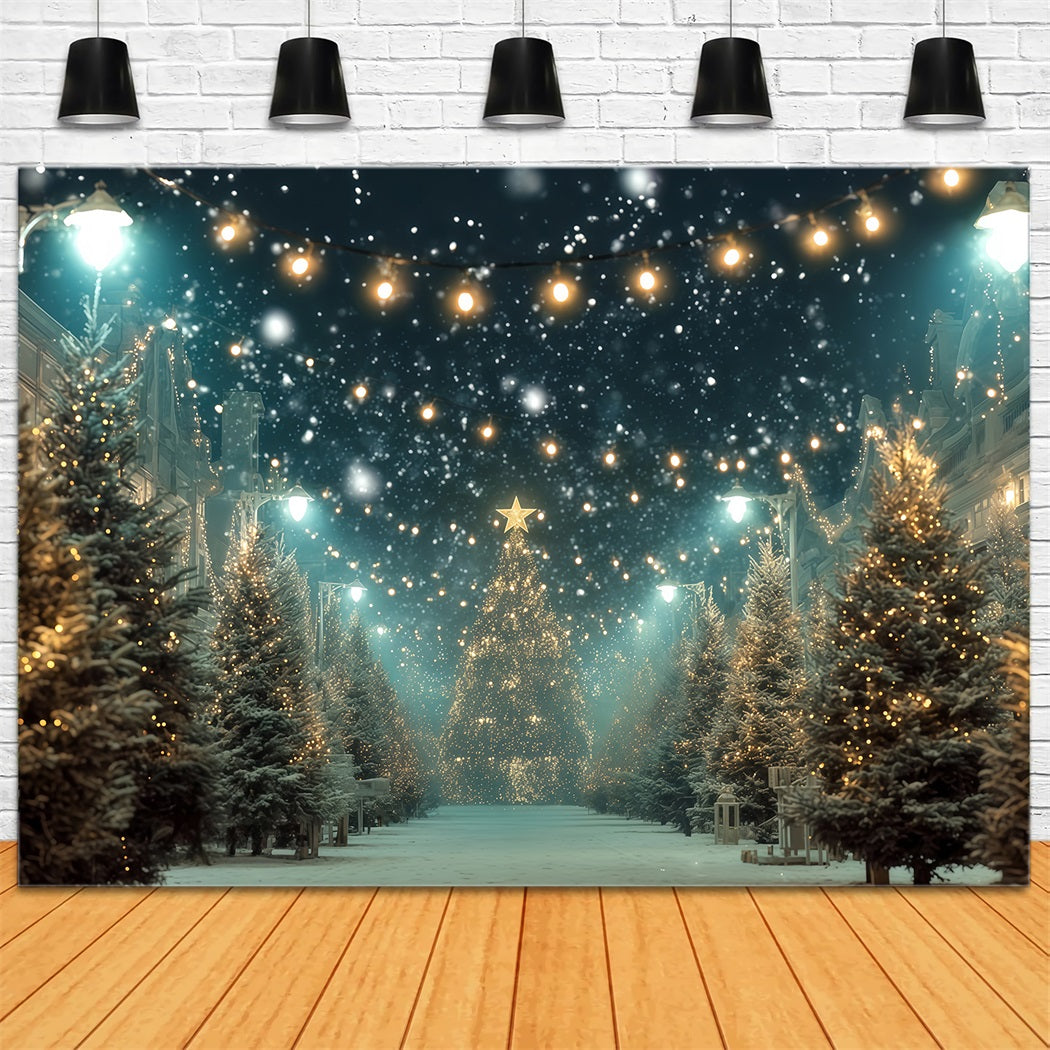 Christmas Tree Backdrop Snowy Street Golden Lights Christmas Photo Backdrop TWW510-82