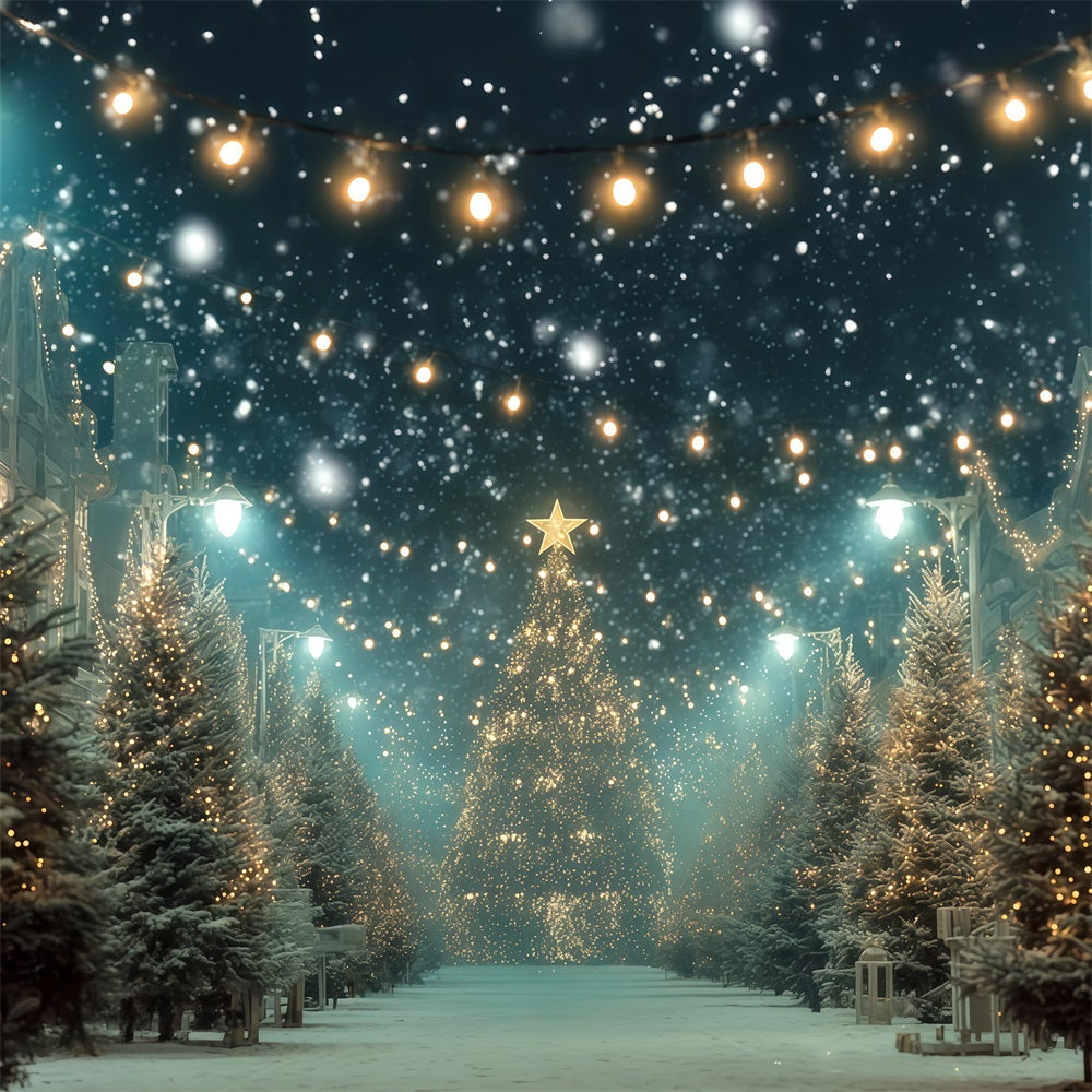 Christmas Tree Backdrop Snowy Street Golden Lights Christmas Photo Backdrop TWW510-82