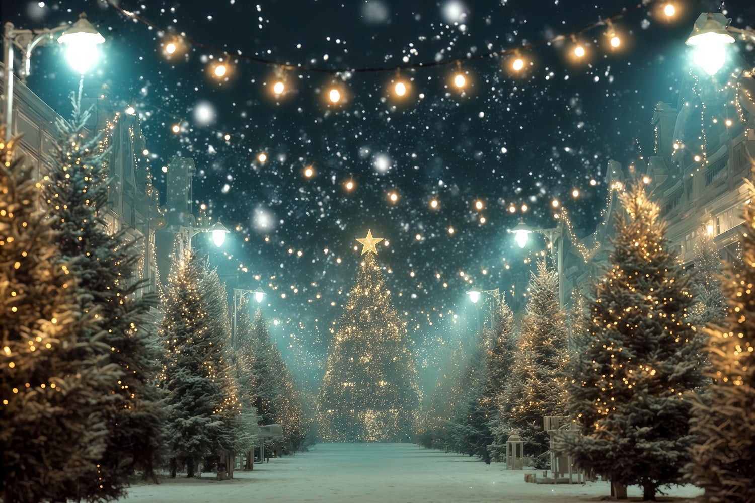 Christmas Tree Backdrop Snowy Street Golden Lights Christmas Photo Backdrop TWW510-82