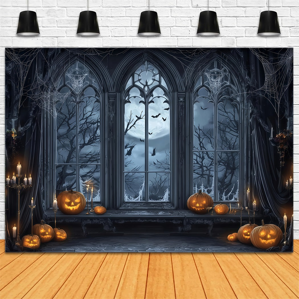 Halloween Bat Backdrop Gothic Window Moonlight Pumpkins Halloween Photography Backdrop TWW510-9