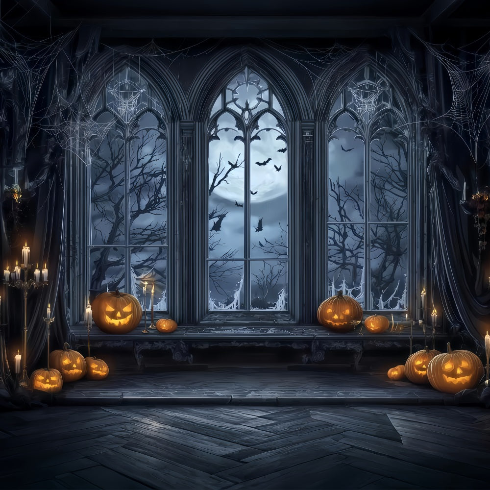 Halloween Bat Backdrop Gothic Window Moonlight Pumpkins Halloween Photography Backdrop TWW510-9