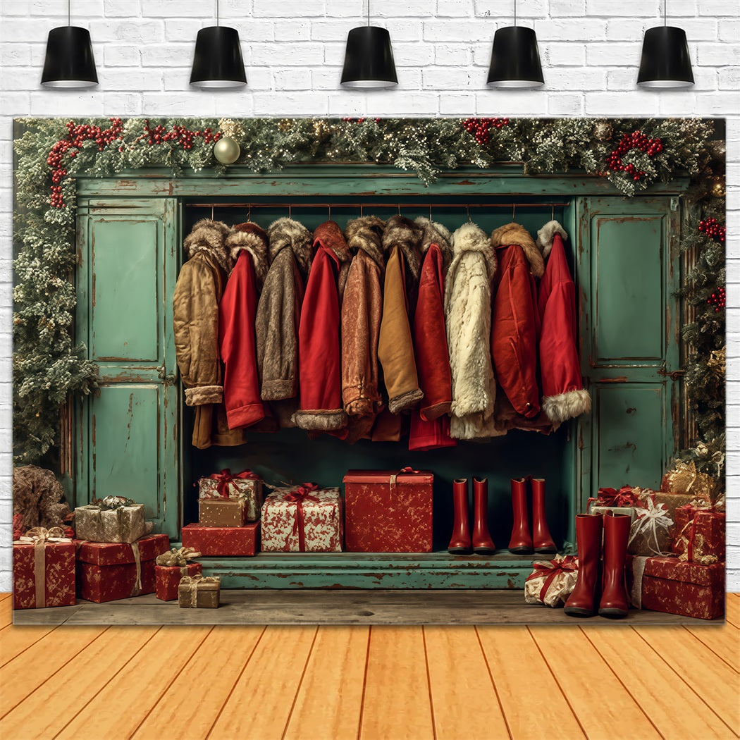 Santa Workshop Backdrop Cozy Coats Holiday Wardrobe Christmas Photo Backdrop TWW510-90
