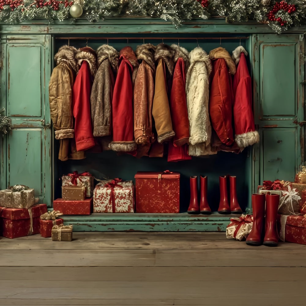 Santa Workshop Backdrop Cozy Coats Holiday Wardrobe Christmas Photo Backdrop TWW510-90