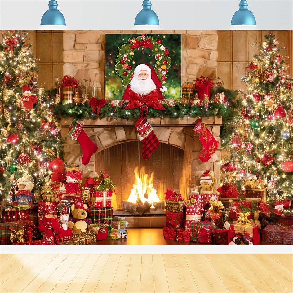 Santa Backdrop Fireplace Stockings Gift Tree Christmas Backdrop Ideas TWW510-93