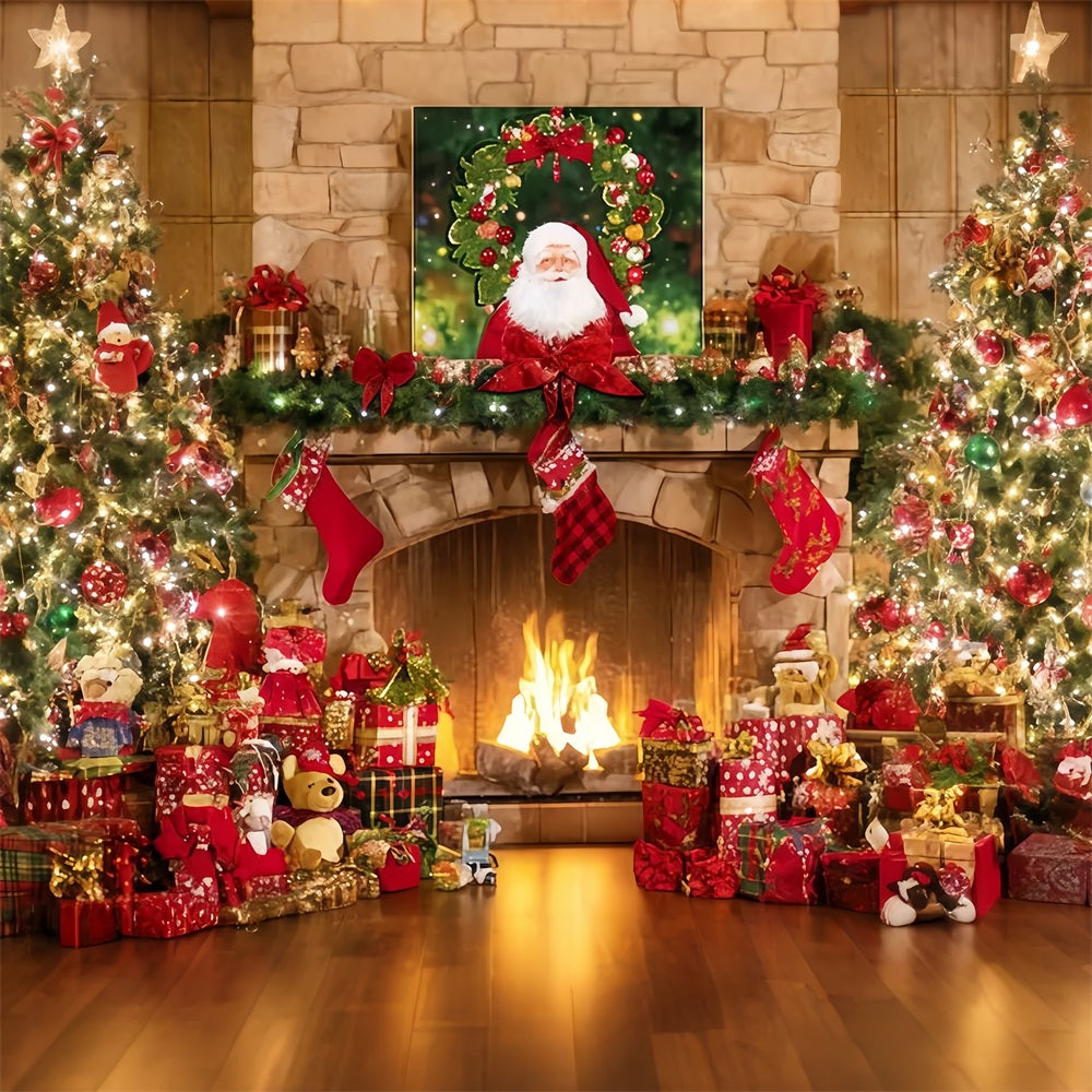 Santa Backdrop Fireplace Stockings Gift Tree Christmas Backdrop Ideas TWW510-93