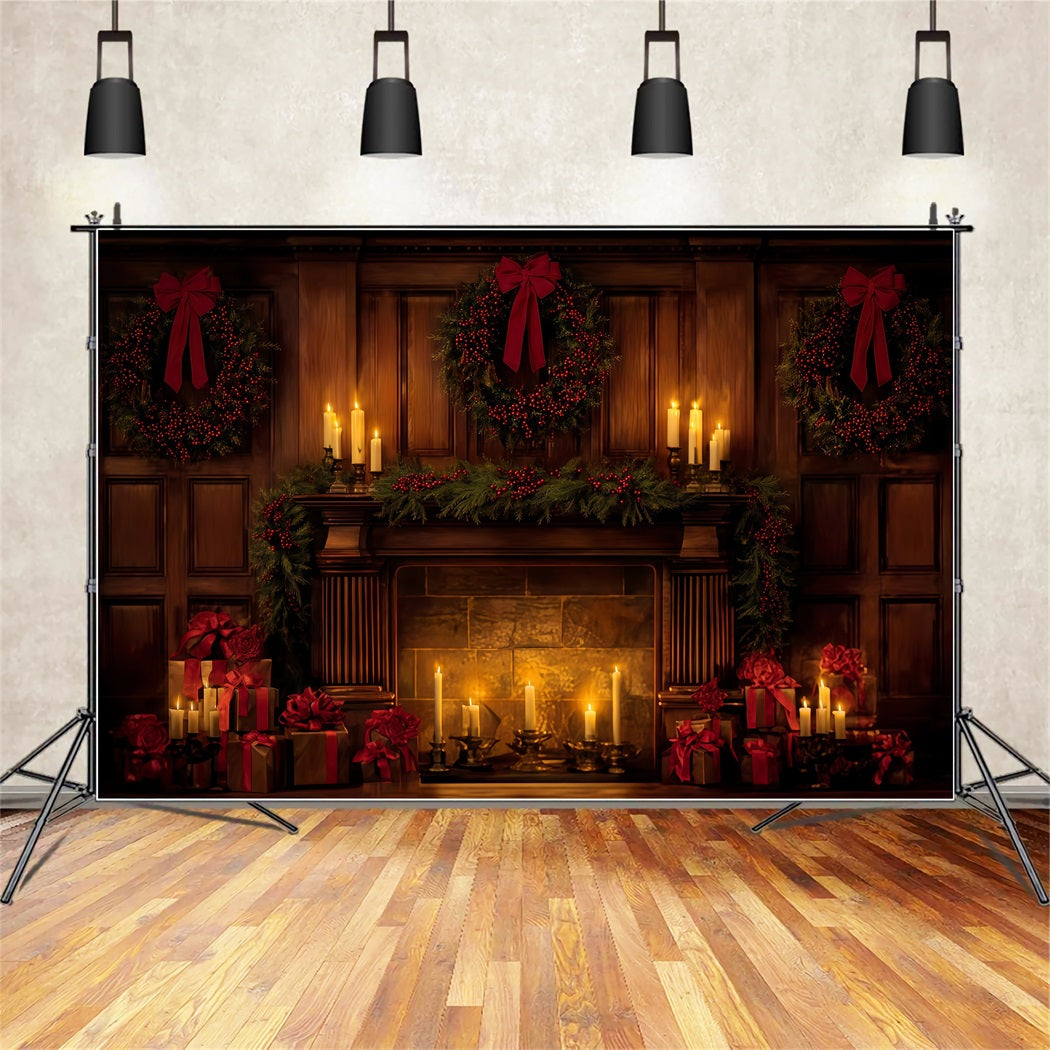 Christmas Bow Backdrop Elegant Candlelit Holiday Hearth Christmas Backdrop TWW510-96