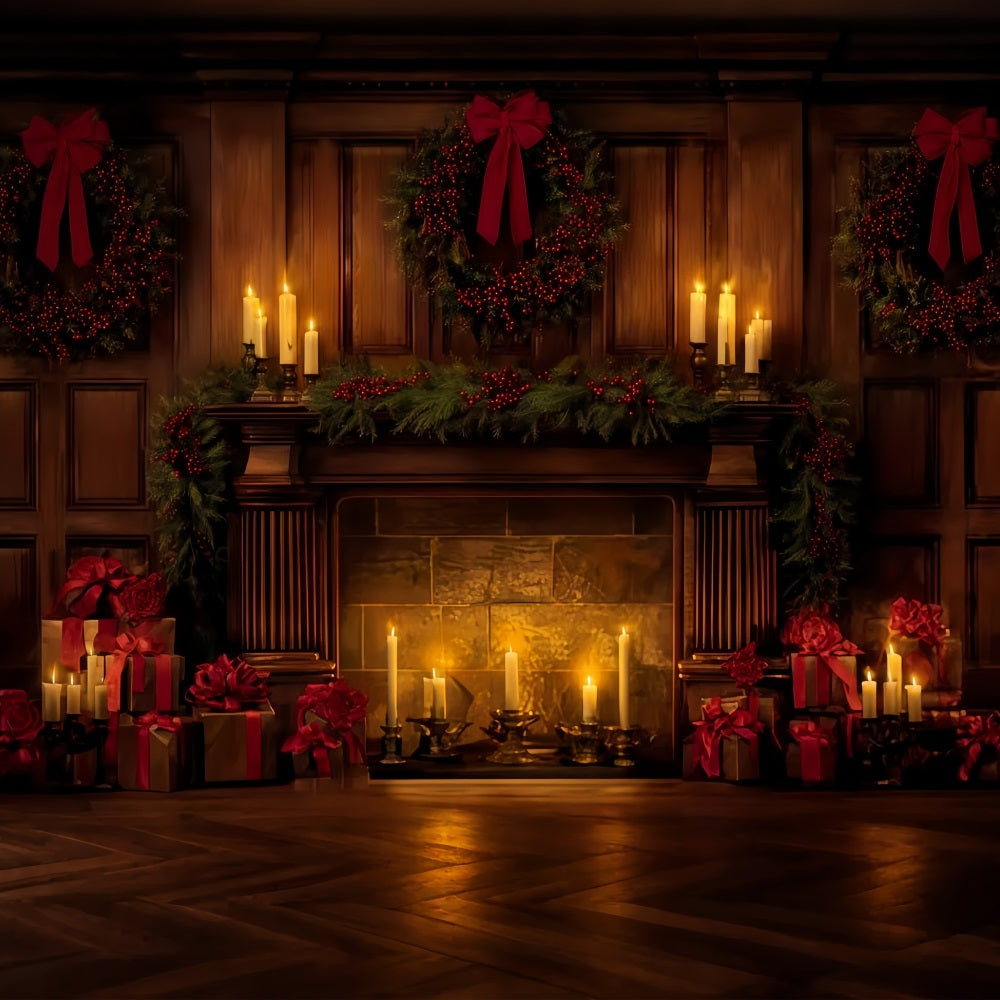 Christmas Bow Backdrop Elegant Candlelit Holiday Hearth Christmas Backdrop TWW510-96