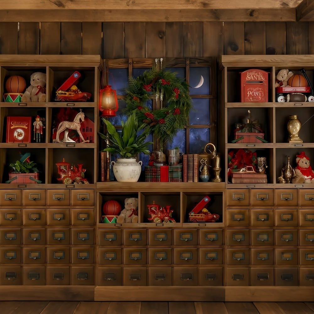 Santa's Toy Shop Backdro Toy Shelf Moonlit Window Christmas Photo Backdrop TWW510-98