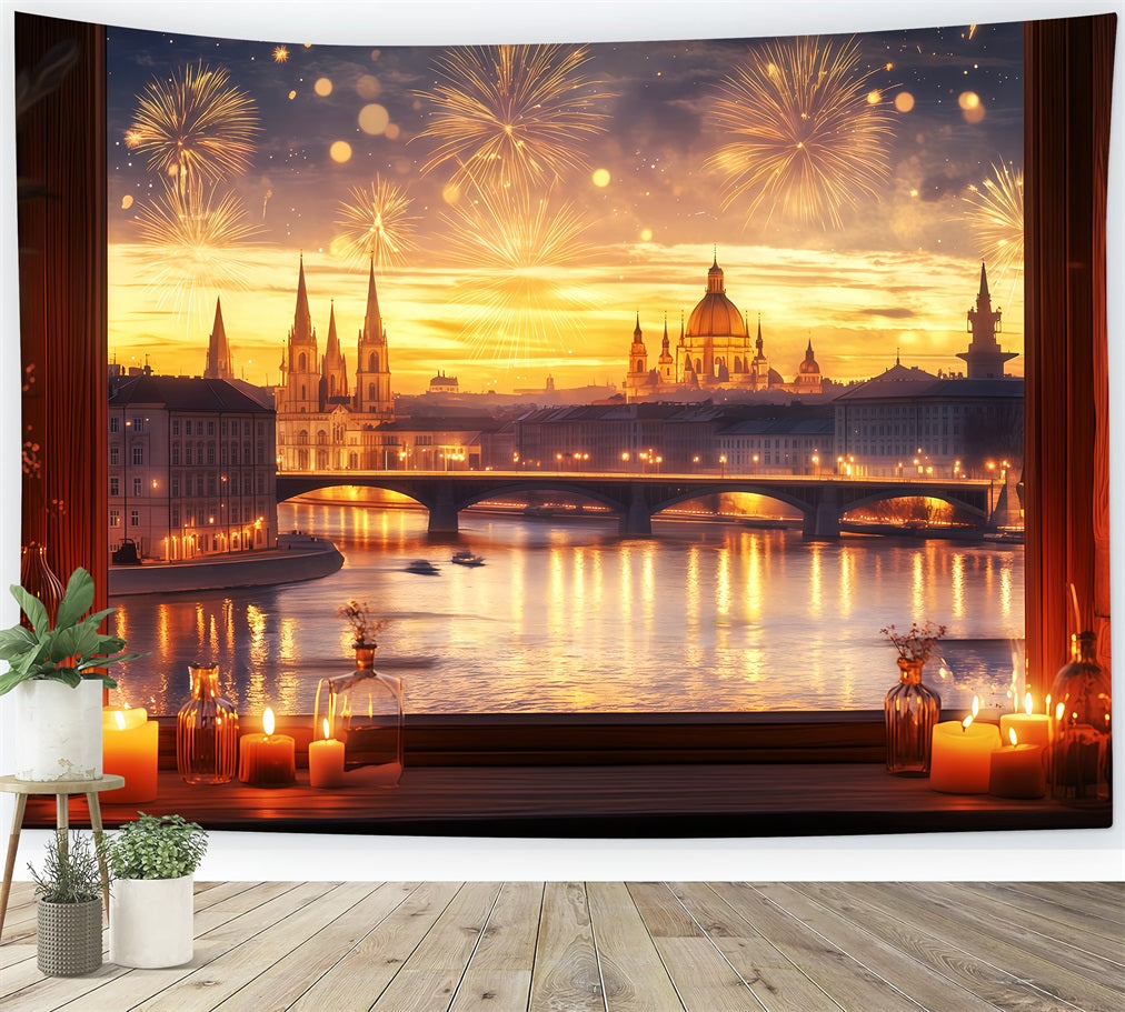 New Year's Backdrop Golden Sunset Cityscape Fireworks Photo Backdrop TWW512-10