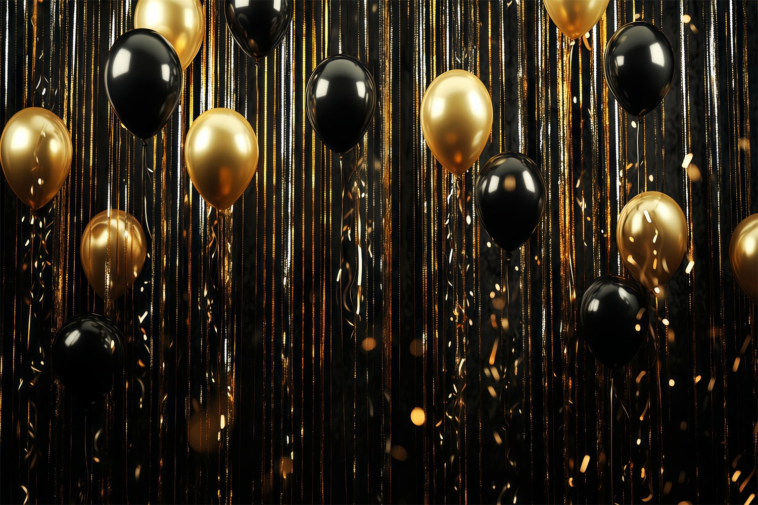 Happy New Year Backdrop Black Gold Balloon Stream Glitter Backdrops TWW512-14