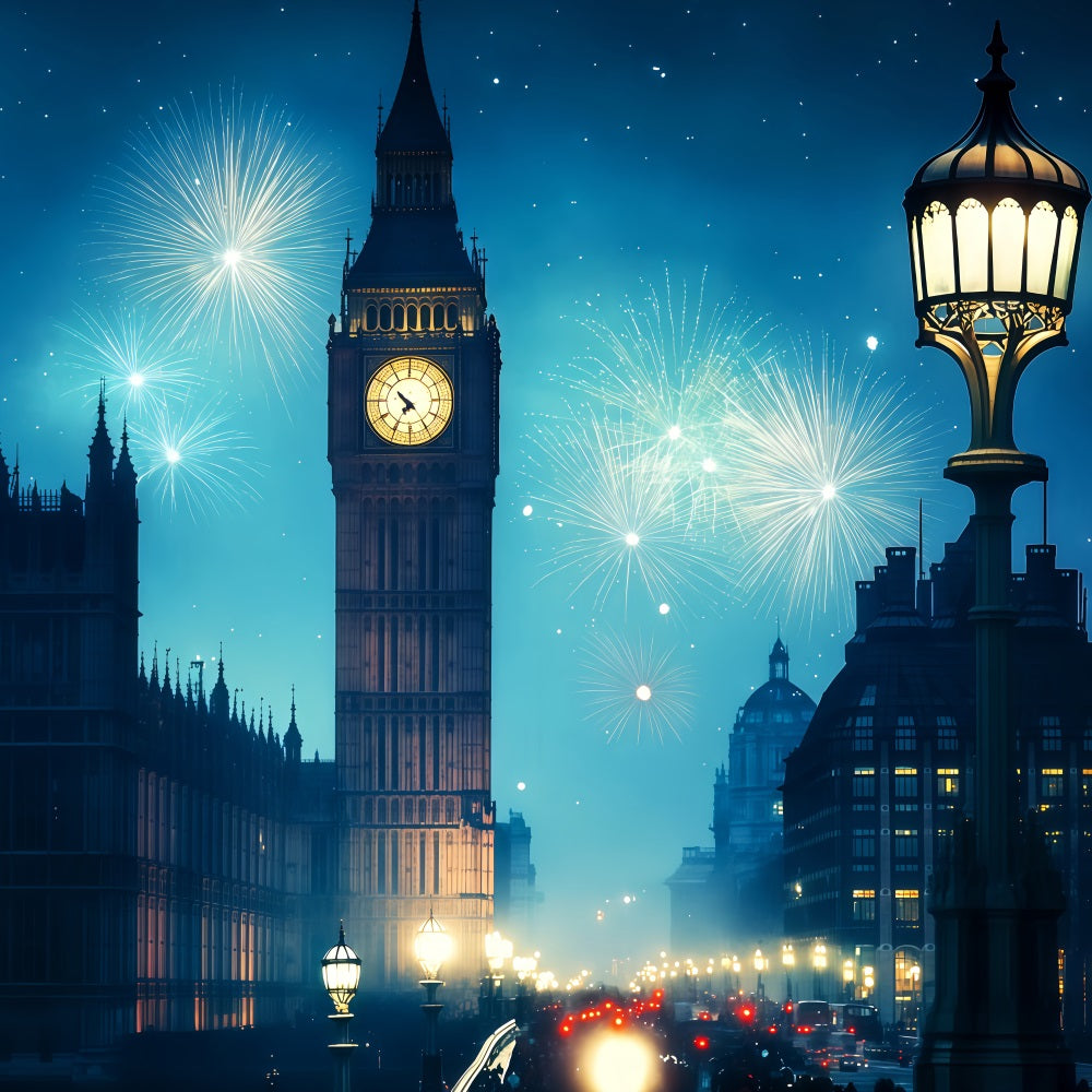 New Years Backdrops London Clocktower Fireworks City Night Backdrop TWW512-15