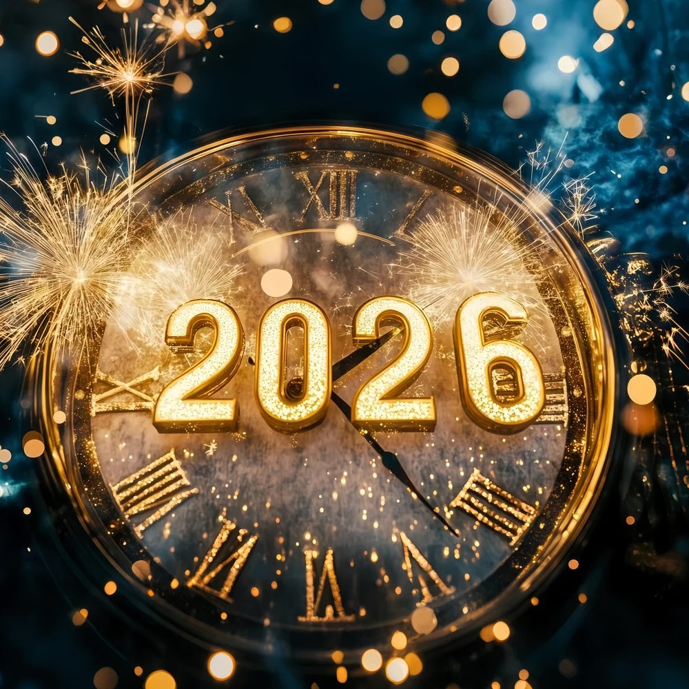 2026 New Year Backdrop Golden Fireworks Bokeh Countdown Clock Photo Backdrop TWW512-2