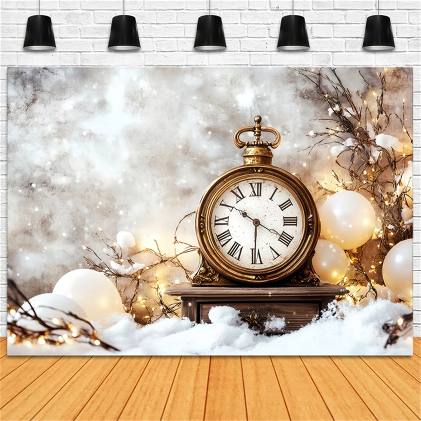New Years Backdrop Snowy Countdown Gold Glitter Clock Photo Backdrop TWW512-21