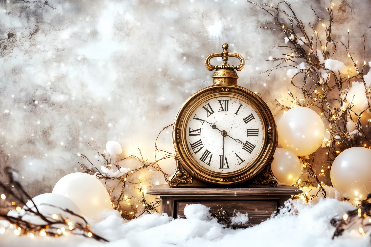 New Years Backdrop Snowy Countdown Gold Glitter Clock Photo Backdrop TWW512-21