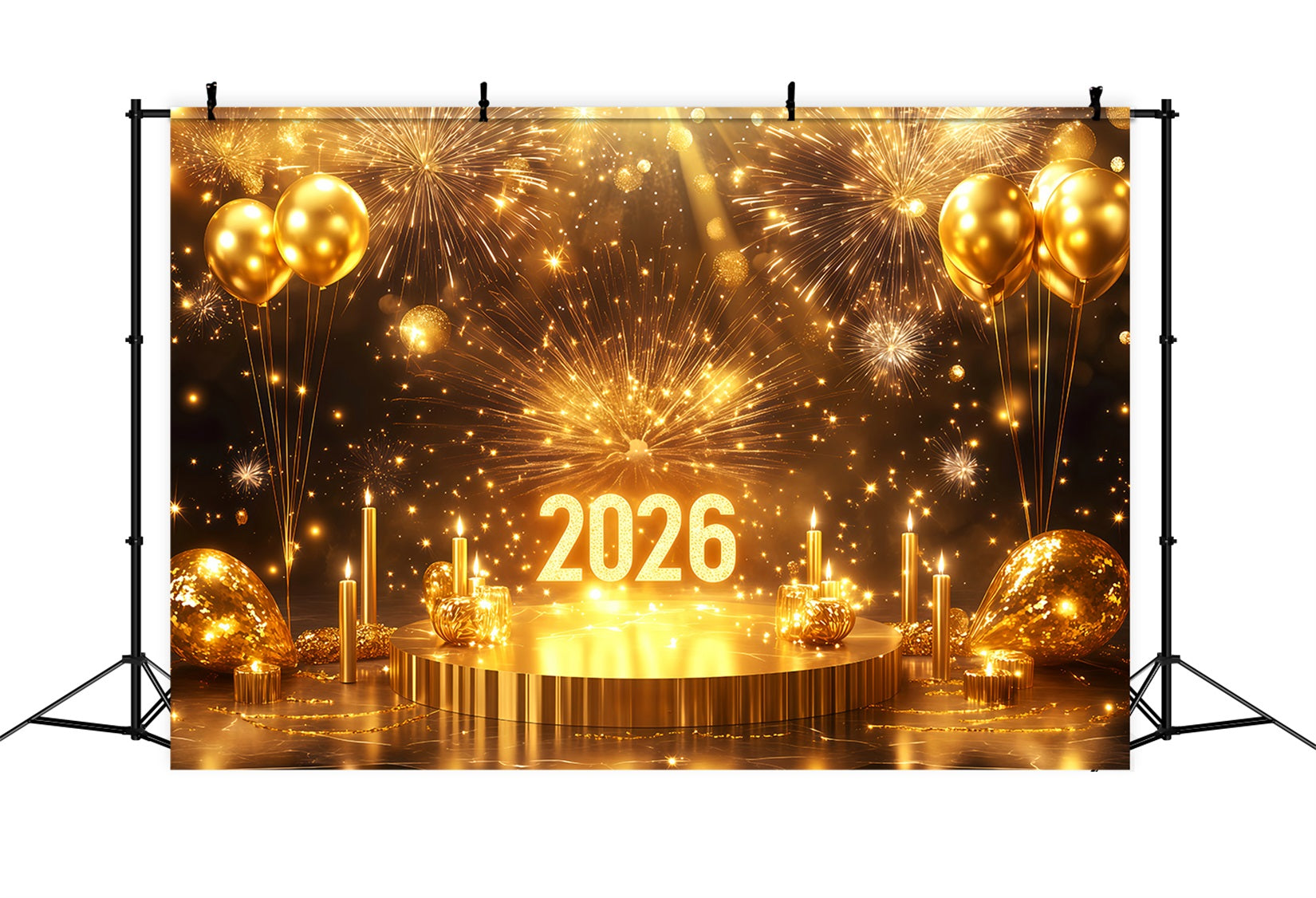 2026 New Year Backdrop Stage Balloon Sparkling Fireworks Gold Glitter Backdrop TWW512-23