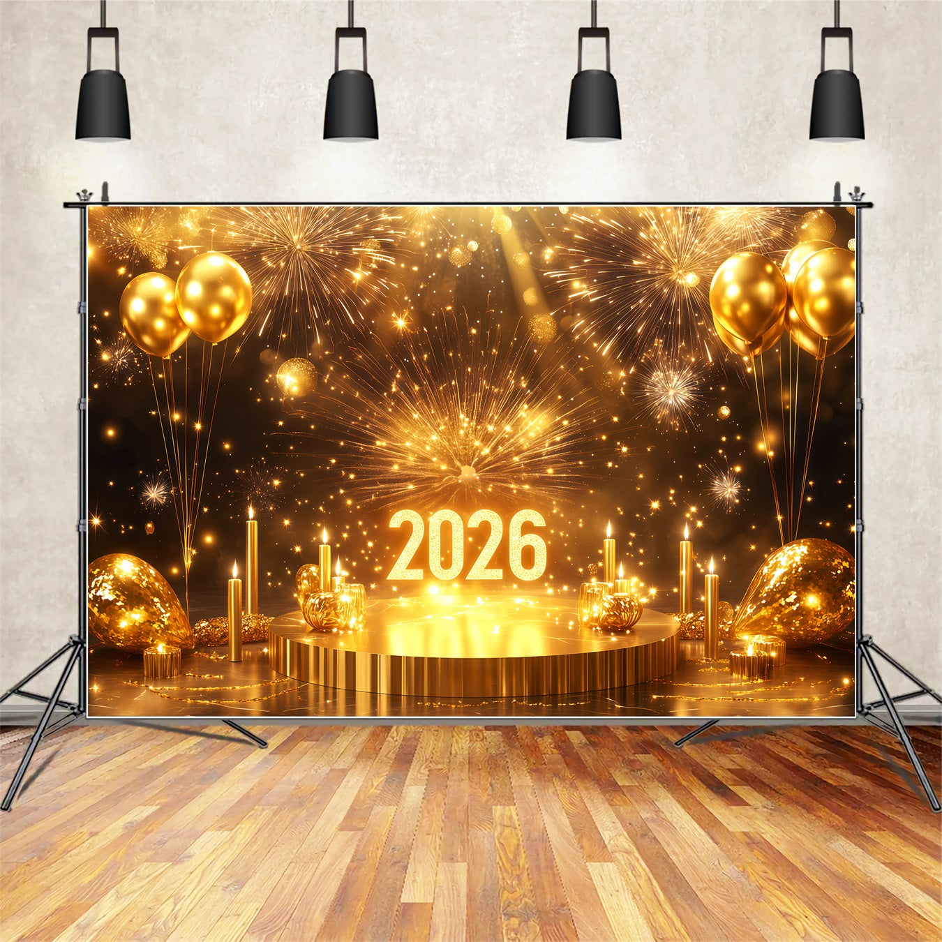 2026 New Year Backdrop Stage Balloon Sparkling Fireworks Gold Glitter Backdrop TWW512-23