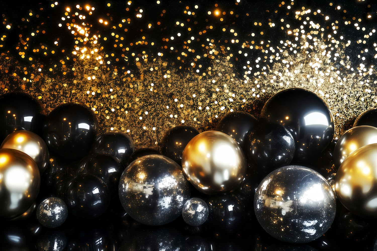 New Year's Backdrop Gold Glitter Shimmer Bokeh New Years Eve Balloon Backdrop TWW512-25