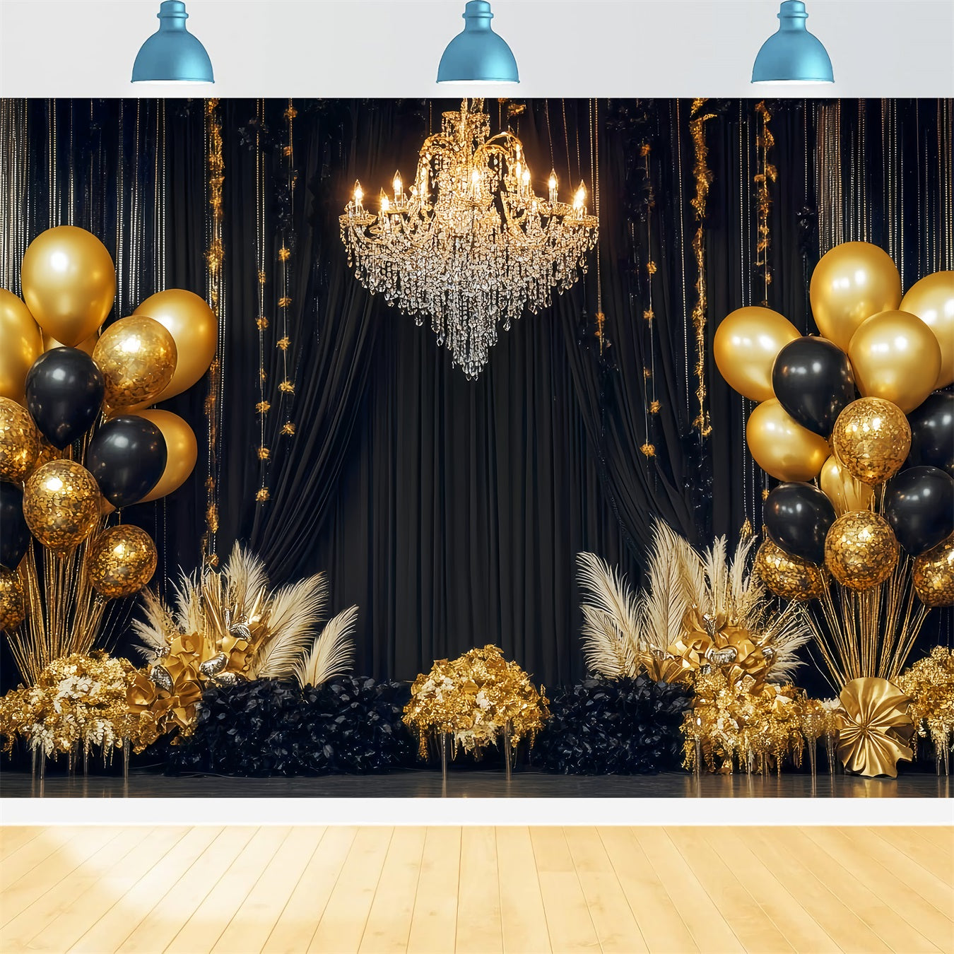 New Year Backdrop Ideas Luxury Chandelier Balloon Black And Gold Backdrop TWW512-28