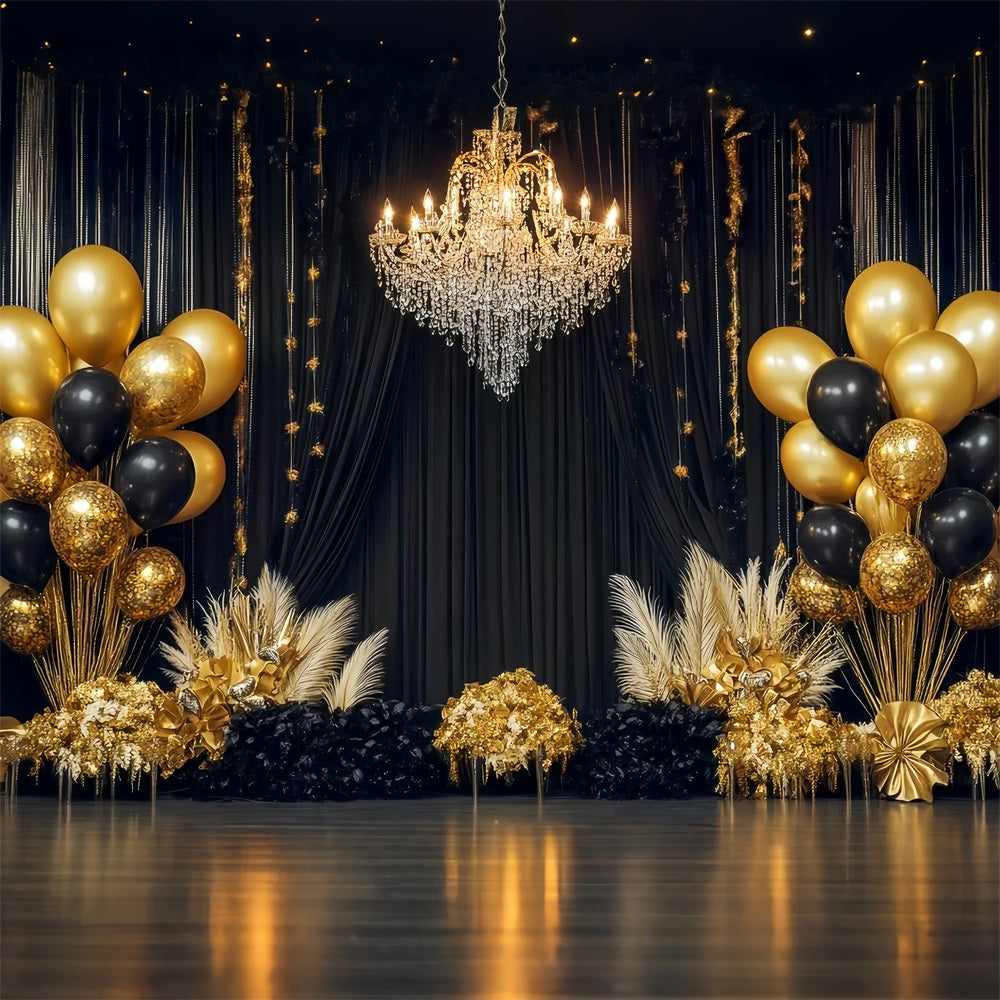 New Year Backdrop Ideas Luxury Chandelier Balloon Black And Gold Backdrop TWW512-28