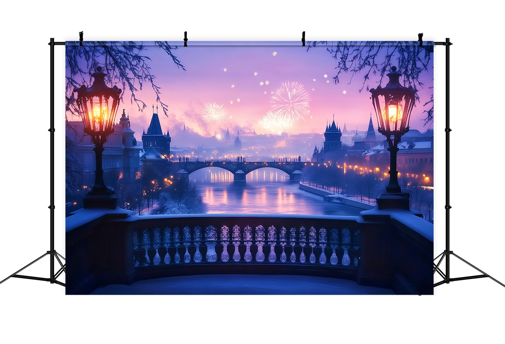New Year Photo Backdrop Frosted River Fireworks Glow City Night Backdrop TWW512-29