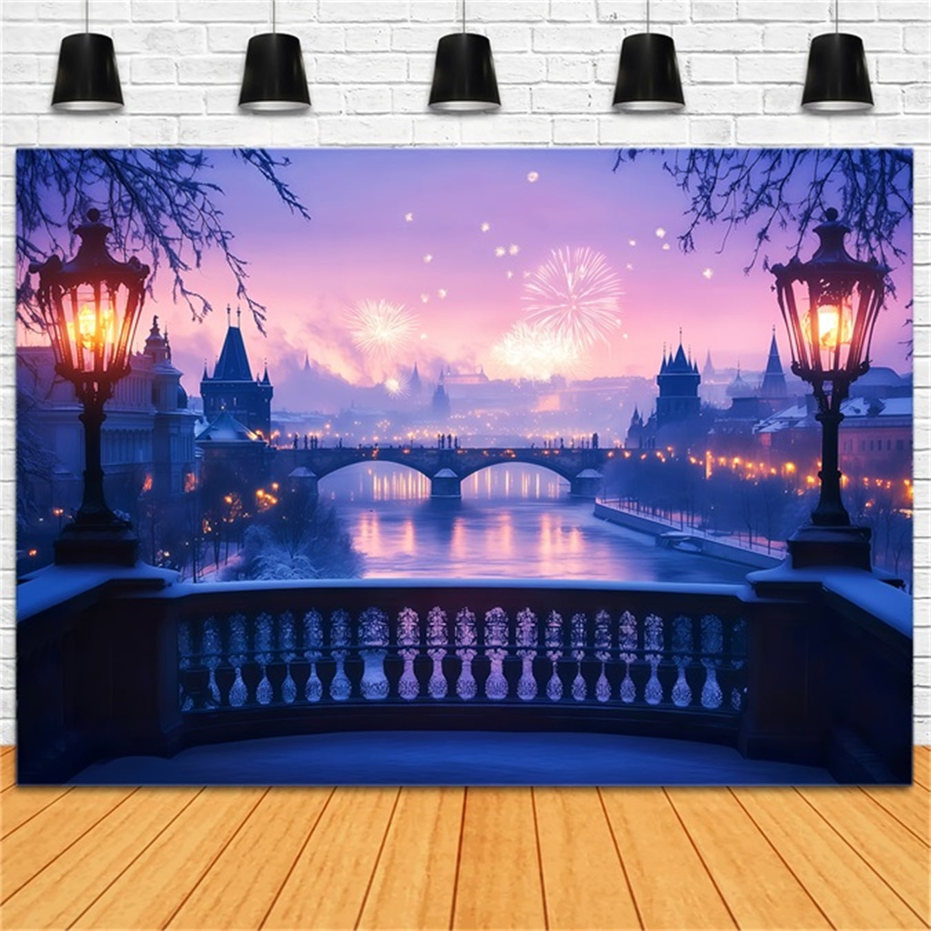 New Year Photo Backdrop Frosted River Fireworks Glow City Night Backdrop TWW512-29