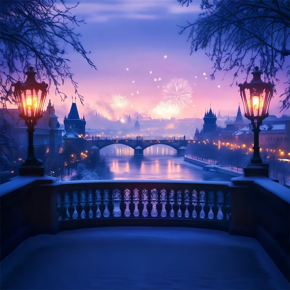 New Year Photo Backdrop Frosted River Fireworks Glow City Night Backdrop TWW512-29