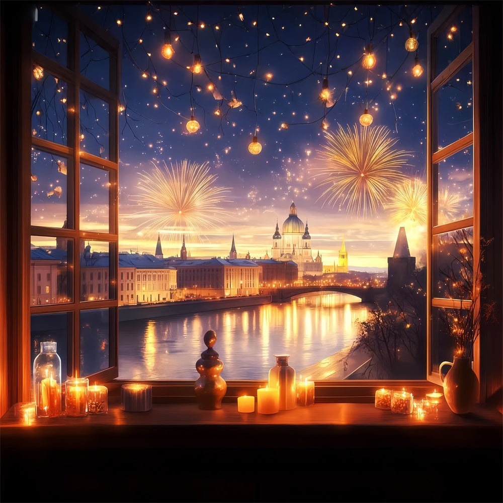 New Years Photo Backdrop Window City Fireworks Glow Cityscape Photo Backdrop TWW512-3